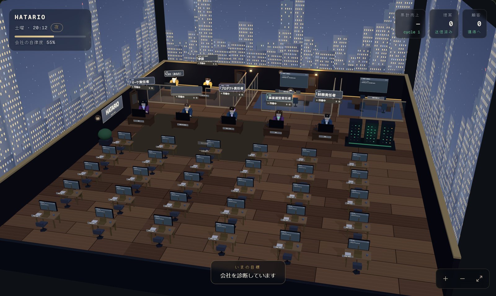 HATARIOの開発中の3D Office画面（デモ用のサンプル会社。AI社員はすべて待機中）